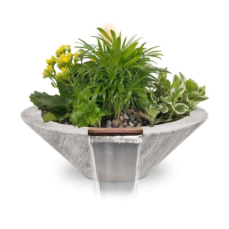 The Outdoor Plus 32 Round Cazo Planter & Water Bowl - Wood Grain GFRC Concrete - Ivory - OPT-32RWGPW-IVY